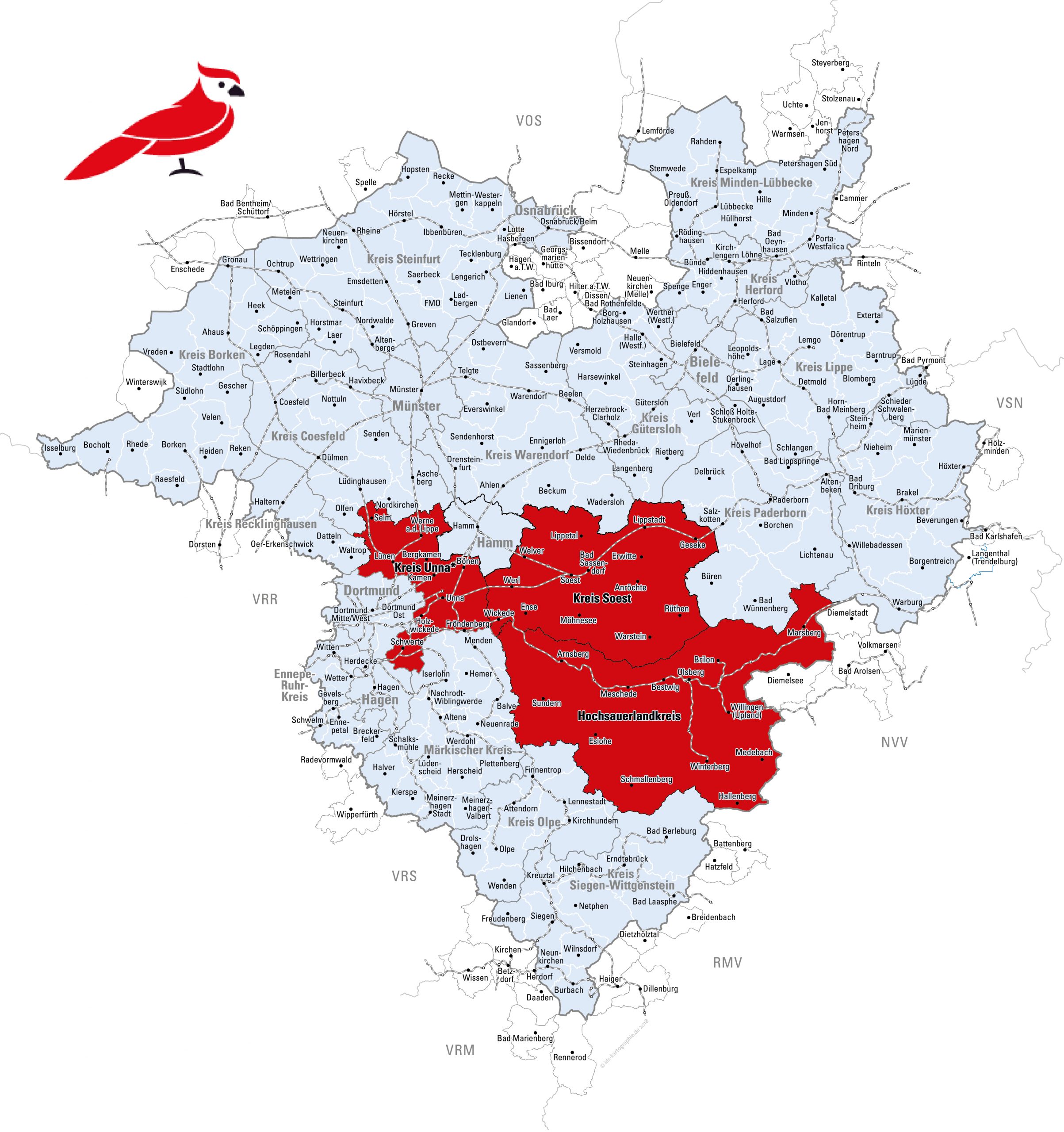 Karte des WestfalenTarifs mit BigBird Testraum